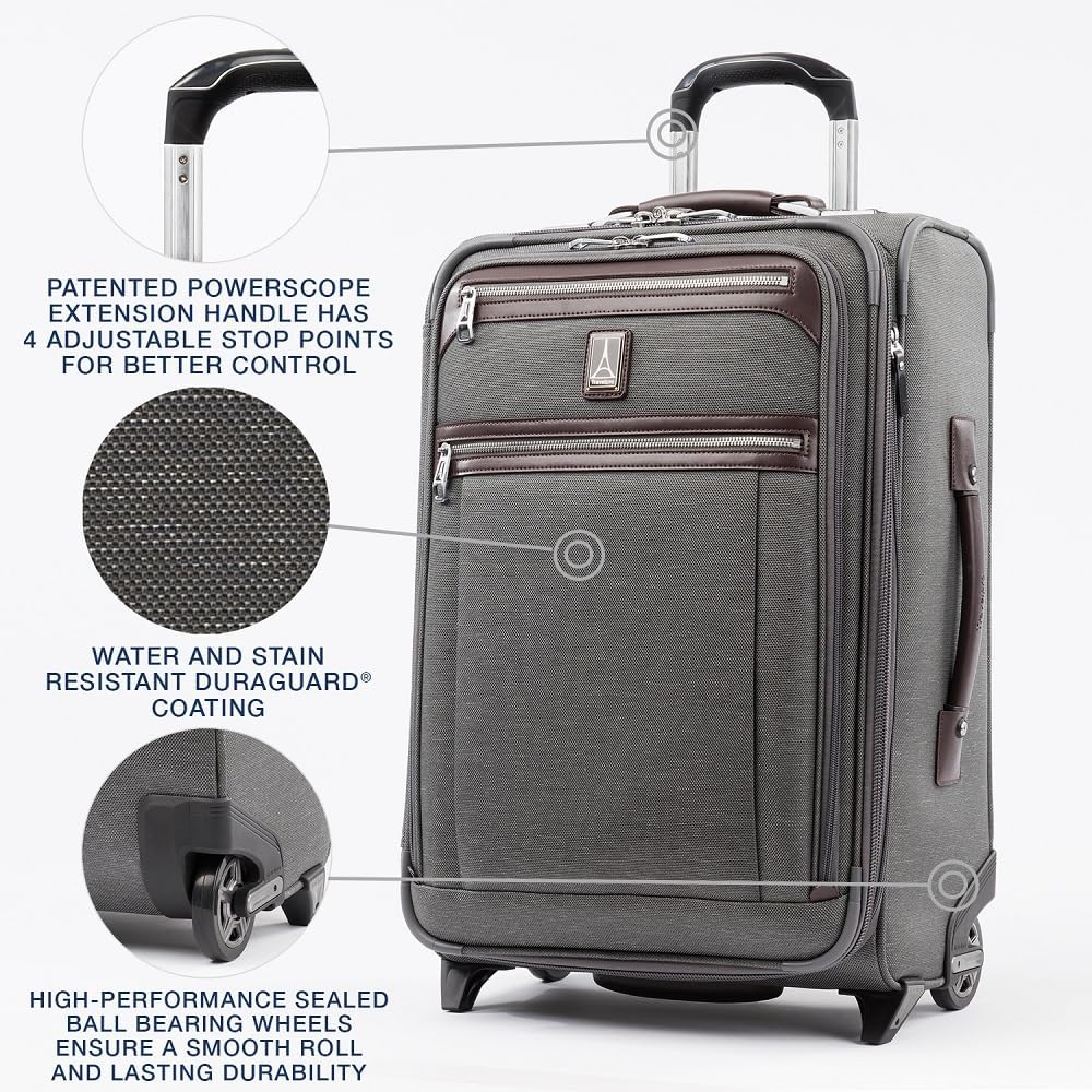 Travelpro Platinum Elite Softside Expandable Carry on Luggage, 2 Wheel Upright Suitcase, USB Port, Men and Women, Vintage Grey, Carry On 22-Inch