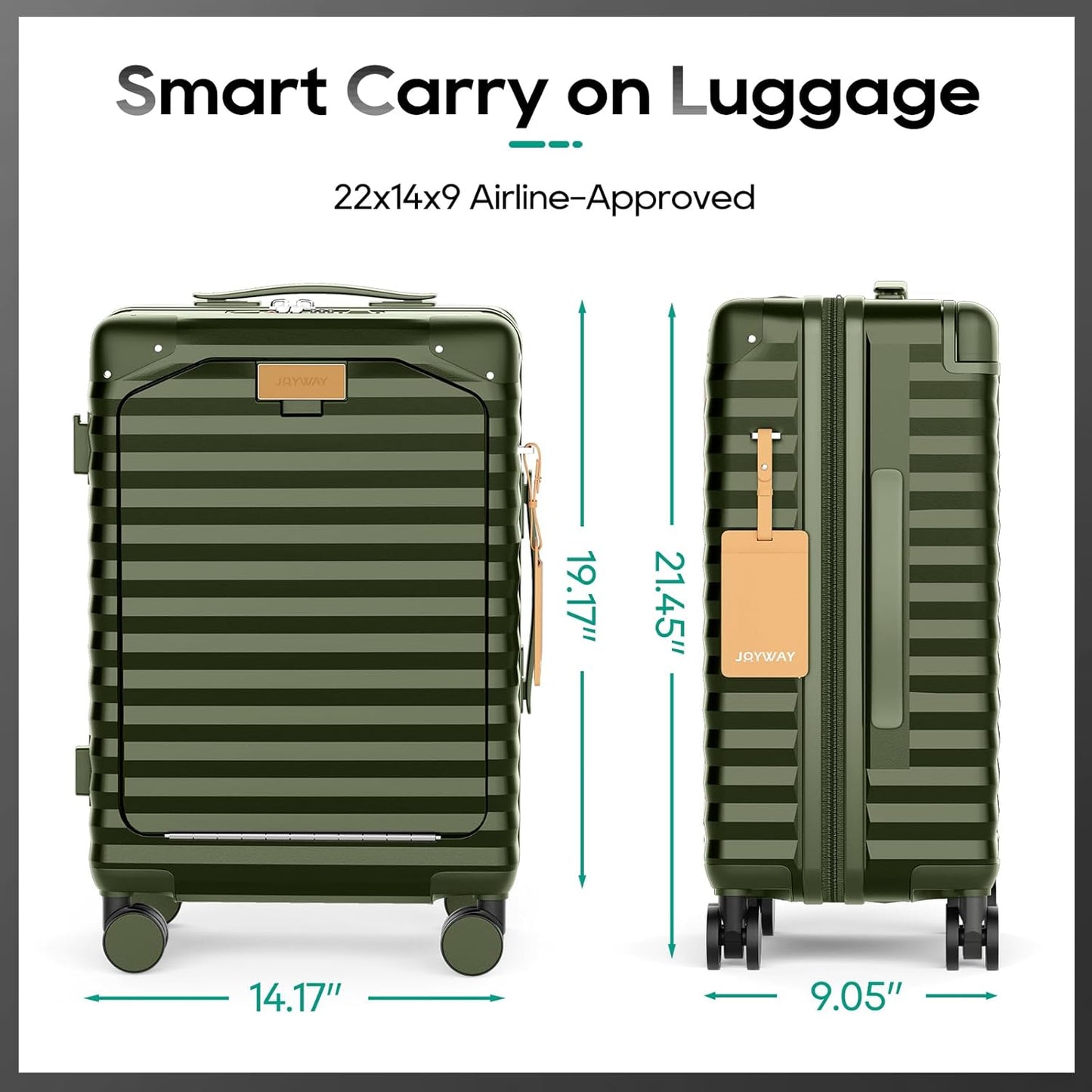 Joyway 20 Inch Carry on Luggage with Front Pocket, PC Hardshell Carry-on Suitcase with USB Port and Cup Holder, 21.5x14.2x9 Airline Approved, Luggage with Spinner Wheels and TSA Lock(Dark Green)