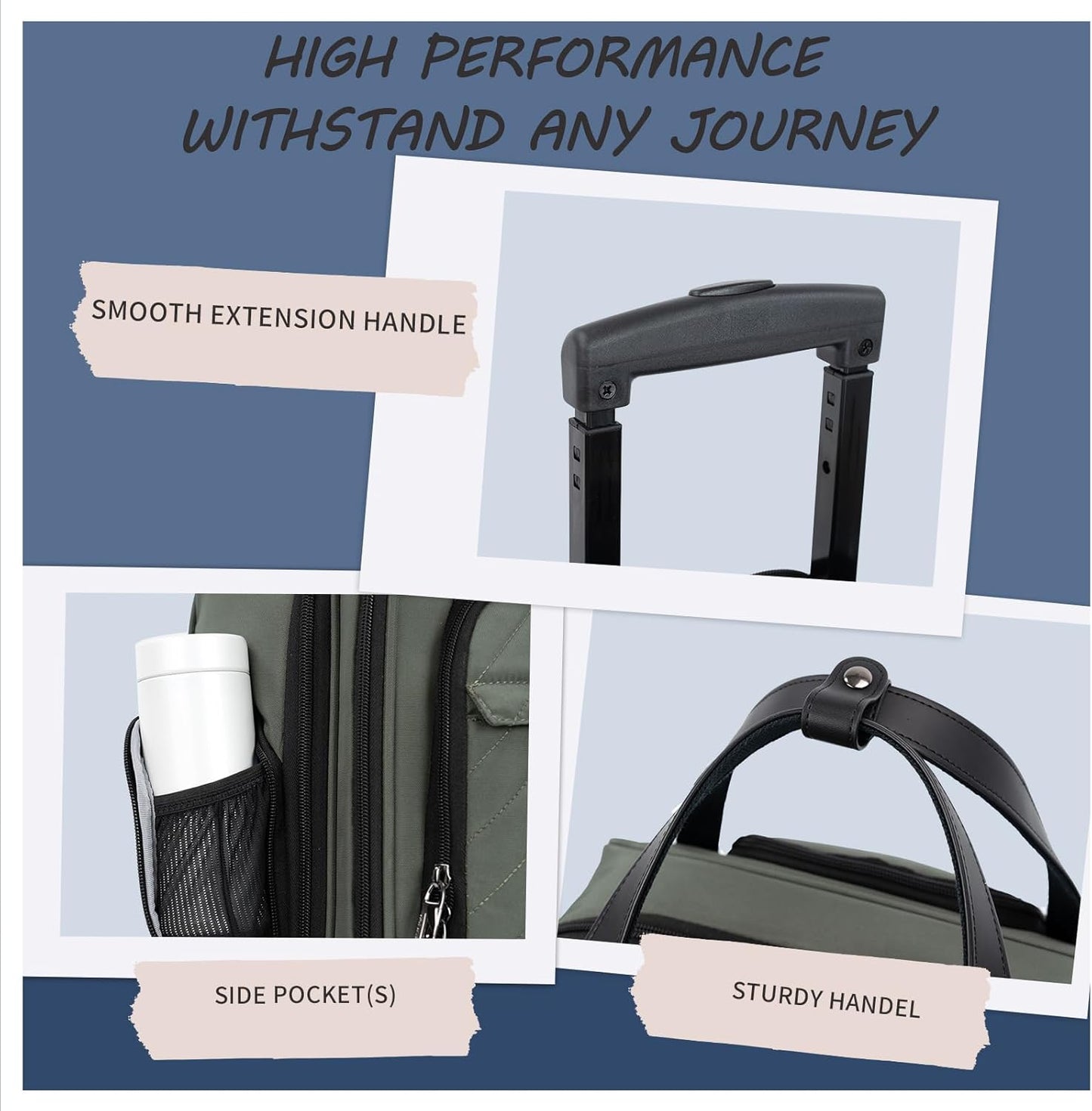 VANKEAN Carry On Underseat 16-inch Multi-functional Underseater Lightweight Overnight Suitcase with Wheels, Roller Case for Men Women Travel Business, Army Green