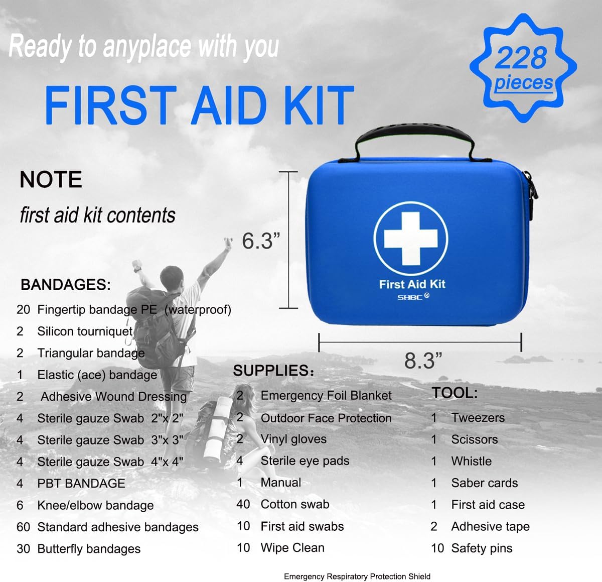 SHBC Waterproof First Aid Kit (228pcs) with All Basic or Advanced Supplies You Need. Suitable for Emergencies at Home or Outside, Travel, Home, Camping, Blue