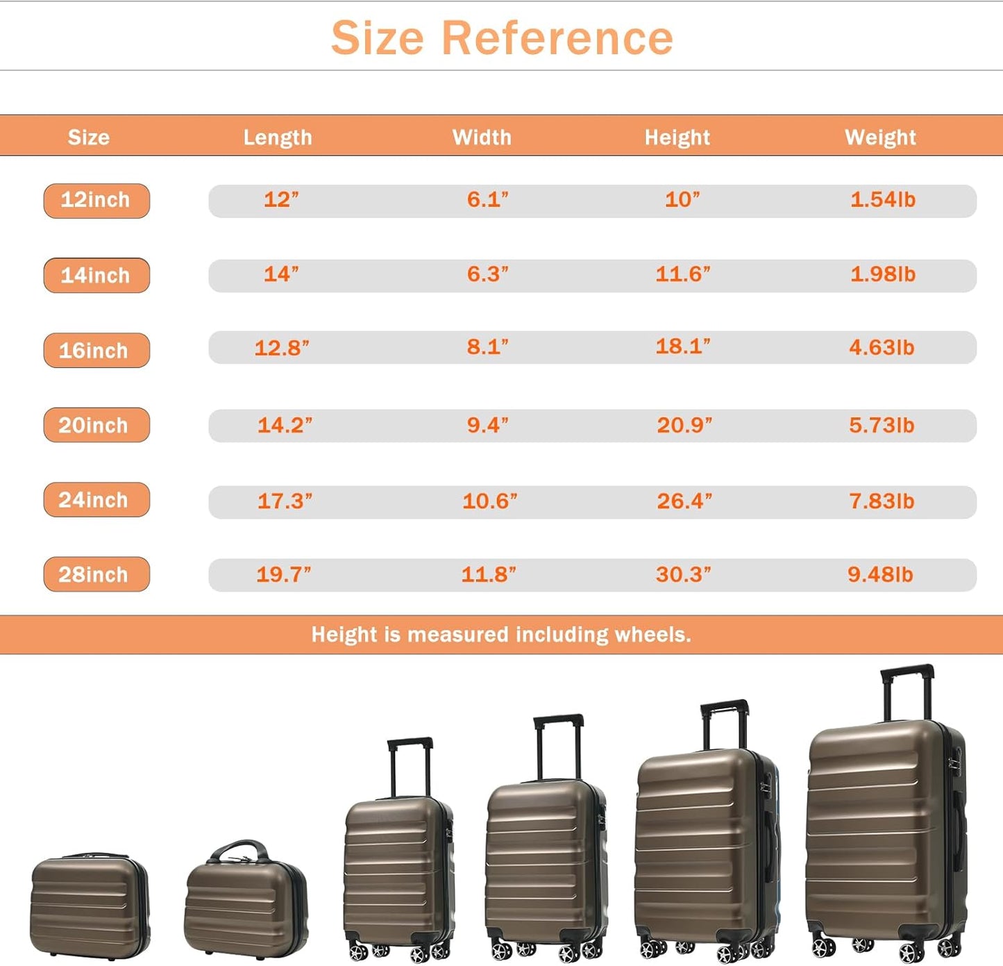 Merax Luggage Set 6 Piece, Hardshell ABS Suitcases with 8 Silent Spinner Wheels, Durable and Lightweight Travel Luggage for Family Trips, Brown