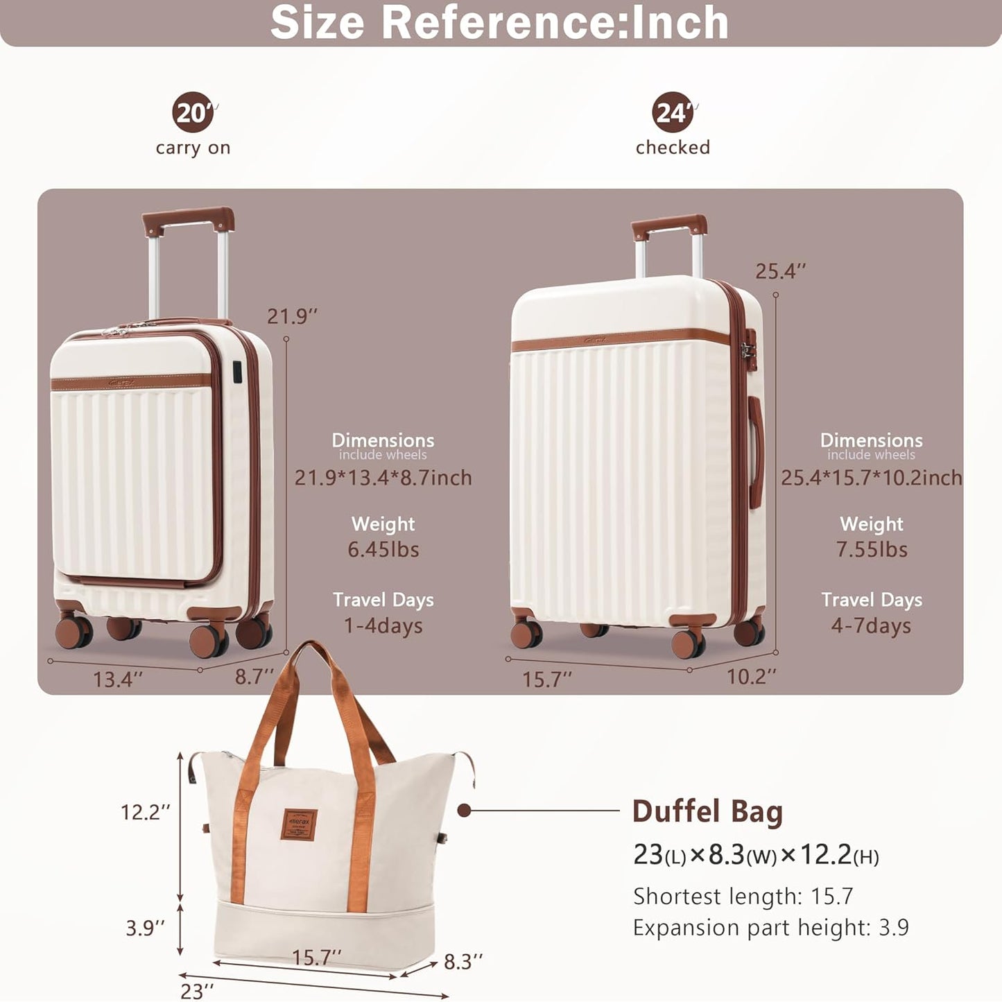 Merax Luggage Sets 2 Piece Front Opening, Hardside Lightweight Carry on Suitcase with USB Port,Durable Expandable Luggage with Bags Spinner Wheels and TSA Lock,White and Brown