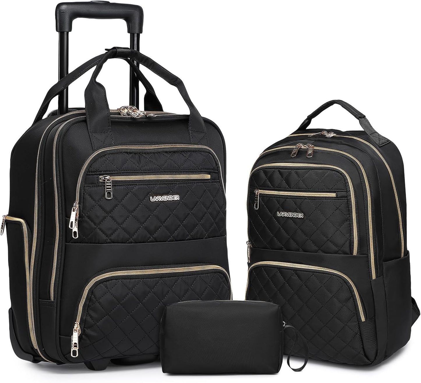 LARVENDER Underseat Carry On Luggage with Wheels Softside 16-inch Underseater Luggage Lightweight Overnight Suitcase for Men Women, Black, 3 Piece (16/BP/TB)