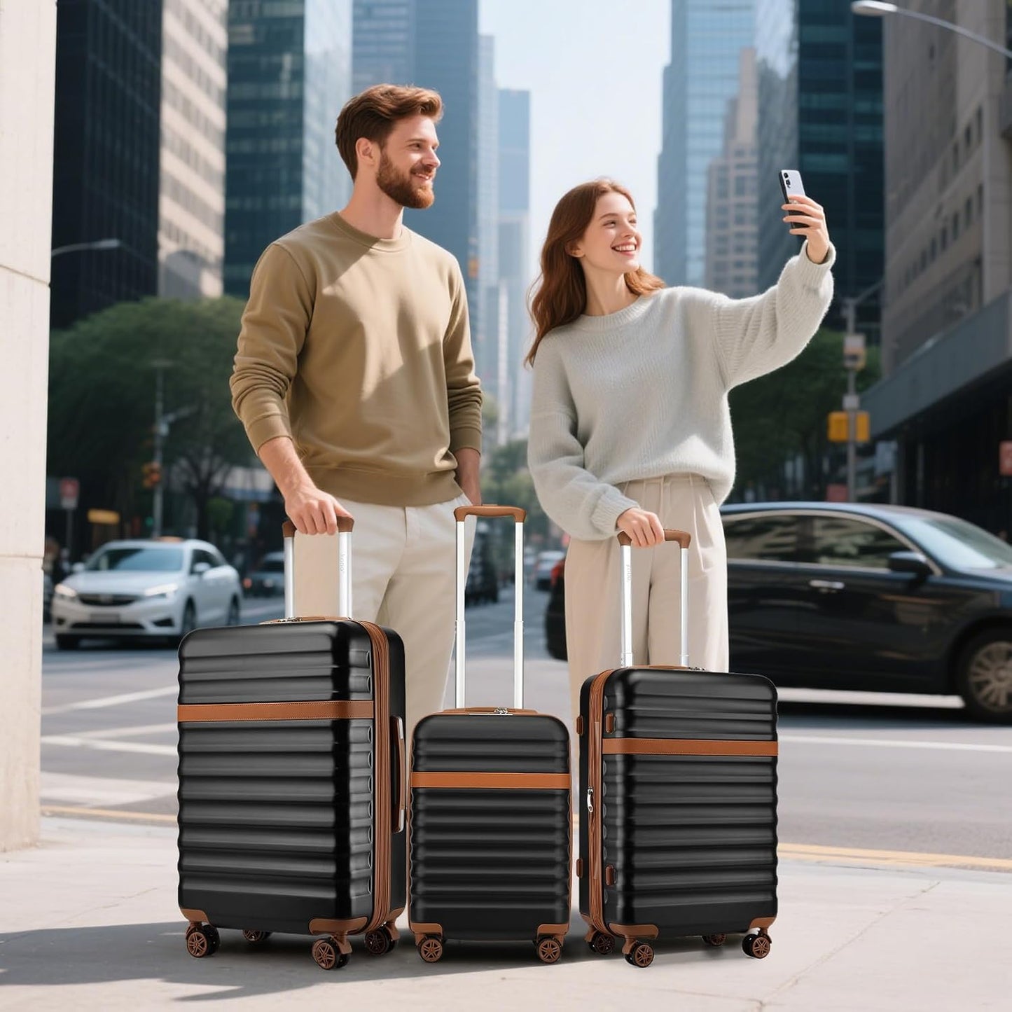 Kono Luggage Set 3 Pieces Expandable PC ABS Durable Suitcase Hardside with Double Spinner Wheels Tsa Lock Black Brown(20in/24in/28in)