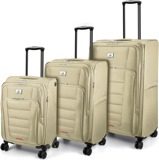 Verdi Luggage Set 3-Piece Suitcase with Spinner Wheel Softside Expandable, Carry On Luggage with USB Port (Khaki, 3-Piece set(20/24/28))