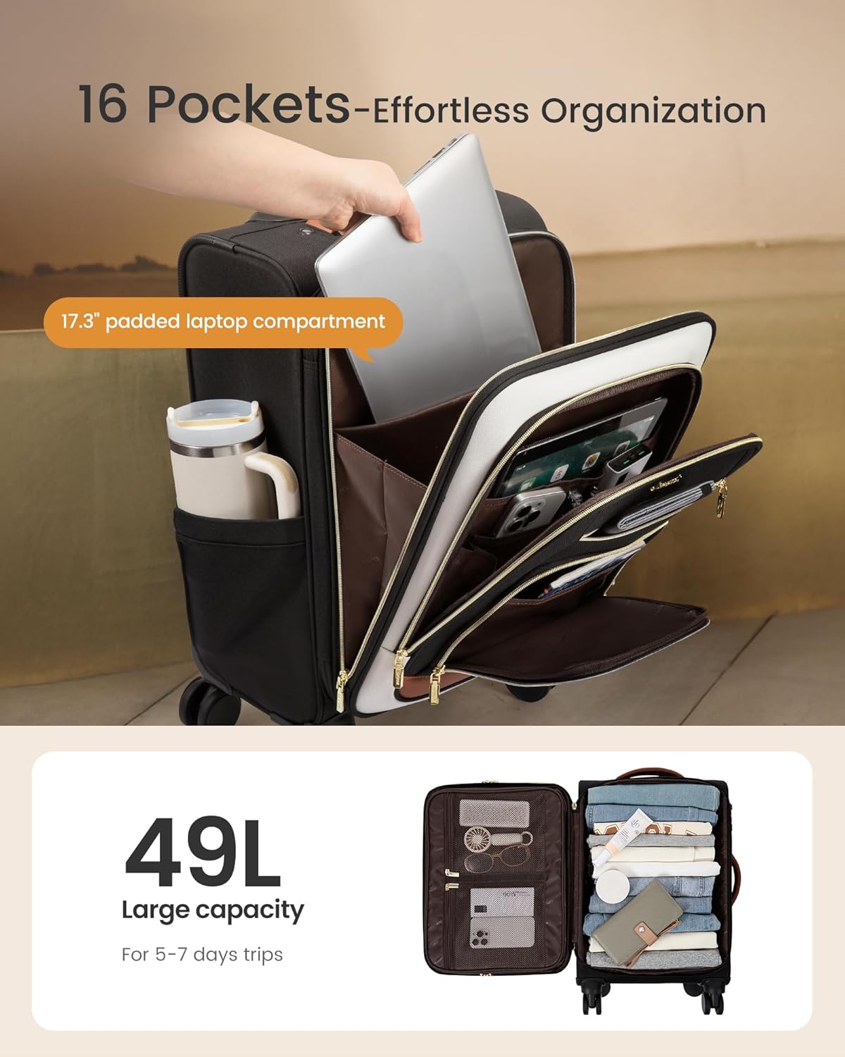 LOVEVOOK Carry on Luggage 22x14x9 Airline Approved, 22 Inch Large Rolling Suitcase with Garment Bag, Spinner Wheels & TSA Lock, 49L Softside Lightweight Underseat Carry-on Luggage for Men Women Travel