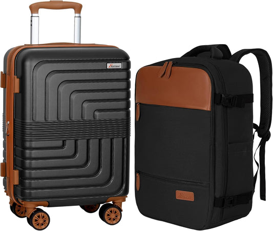 Romswi Luggage Sets 2 Piece, Expandable Carry On Luggage 20In with Travel Backpack, PC+ABS Hardside Suitcase Set with TSA Lock, Durable Carry On Suitcase with Spinner Wheels for Men Black
