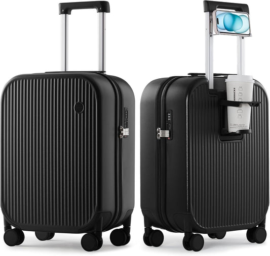 mixi Carry On Luggage with Cup Phone Holder Hard Shell Rolling Travel Suitcases with Spinner Wheels,20 Inch Black