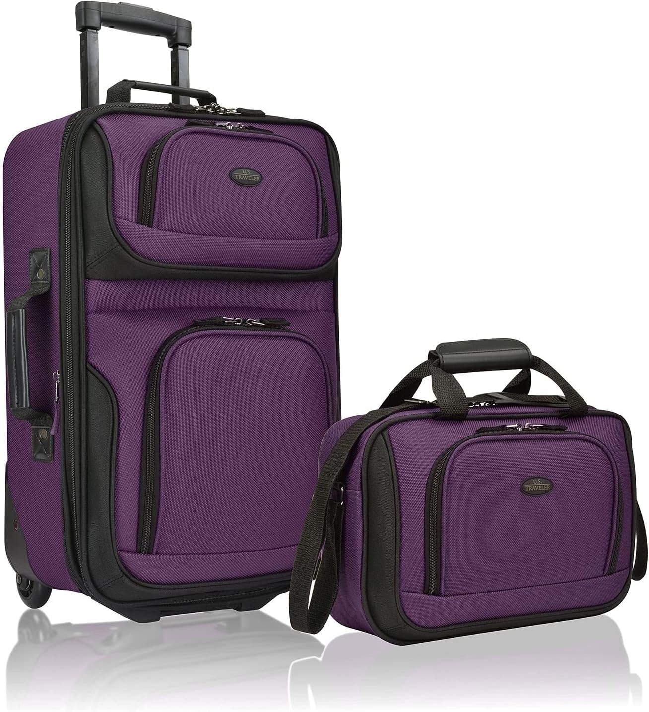 U.S. Traveler, Rio Rugged Fabric Expandable Upright Rolling Carry-on Luggage Set w/ Tote Bag, Purple, 2-Piece (21/14)