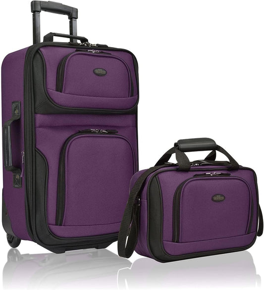 U.S. Traveler, Rio Rugged Fabric Expandable Upright Rolling Carry-on Luggage Set w/ Tote Bag, Purple, 2-Piece (21/14)