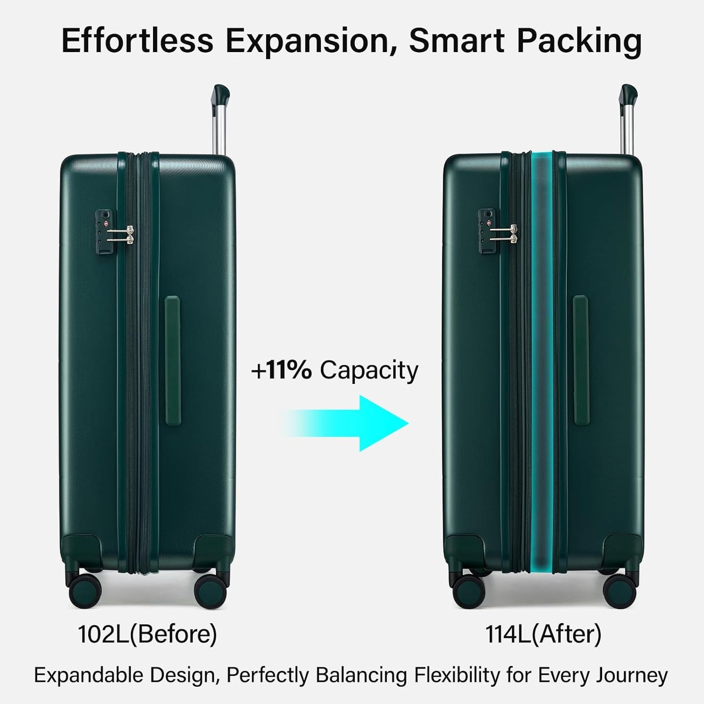 Hanke Expandable 28 Inch Luggage with Spinner Wheels, Hardside Large Suitcase, All-PC Hard Shell Checked Luggage, TSA Lock, Durable Checked-Large (Blackish Green, 114L)