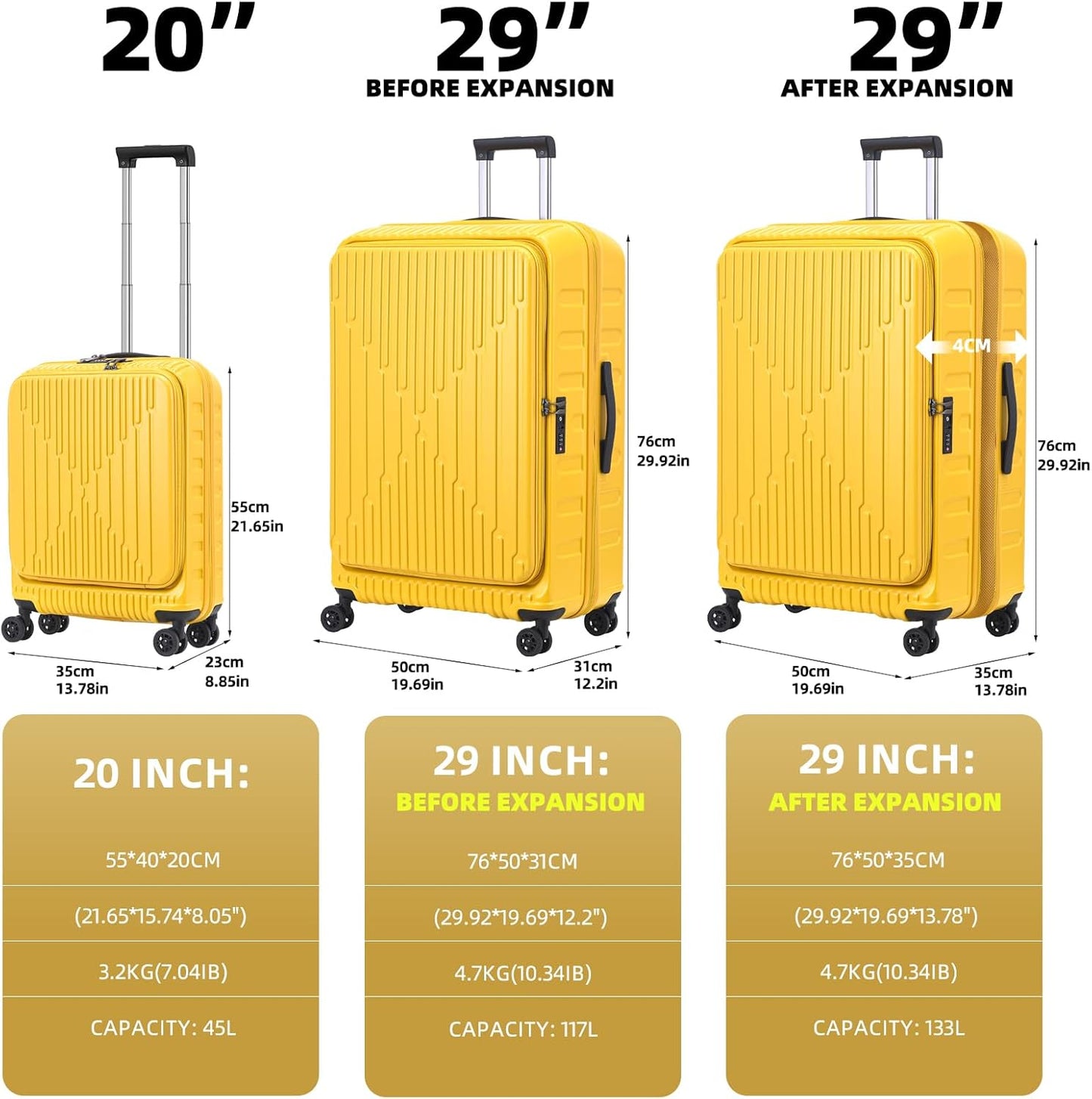 2 Pieces 20/29 Luggage Sets, 20 Inch Cabin Luggage with Front Pocket & 29 Inch Side Opening Suitcase, Ligthweight ABS+PC Hardshell, TSA Lock with HINOMOTO 360° Wheels, Yellow