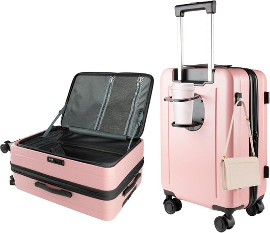 24-inch Top Opening Luggage with 360° Silent Wheels, TSA Lock, Collapsible Cup Holder & Bag Hook - Lightweight Hardshell Suitcase for Business Travel & Vacation(Pink)