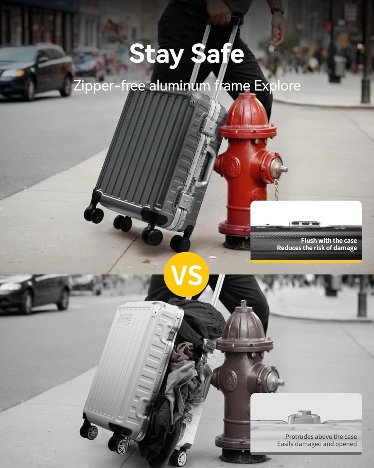 Checked Luggage with Spinner Wheels, 8010S Aluminum Frame Zipperless Polycarbonate Hard Shell Suitcase (ZX-Core, Silver, 24 Inch)