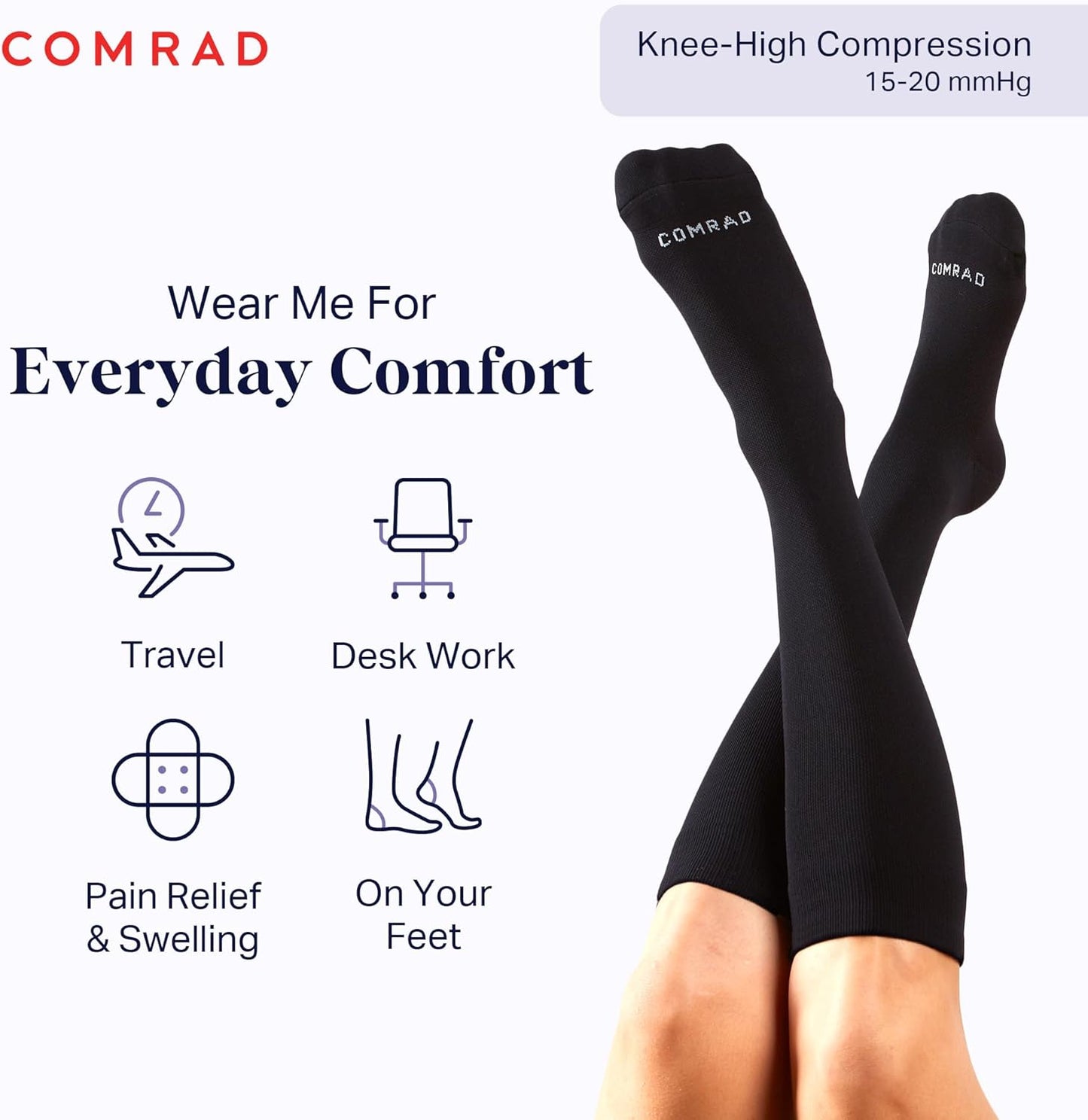Comrad Nylon Knee High Socks - 15-20mmHg Graduated Compression Socks - Soft & Breathable Support Unisex Socks