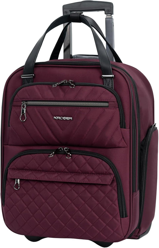 KROSER Carry On Underseat Multi-functional, 16-inch Underseater Lightweight Overnight Suitcase for Women, Burgundy