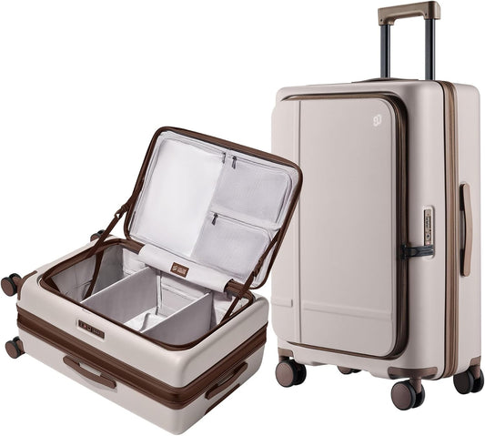 NINETYGO Medium Checked Luggage 25 Inch, Flat Top Opening Checking In Luggage with Cup Holder, Expandable, Coffee-Infused PC Hard Shell, Eco-Friendly, TSA Lock, 360° Spinner Wheels (Oats White)