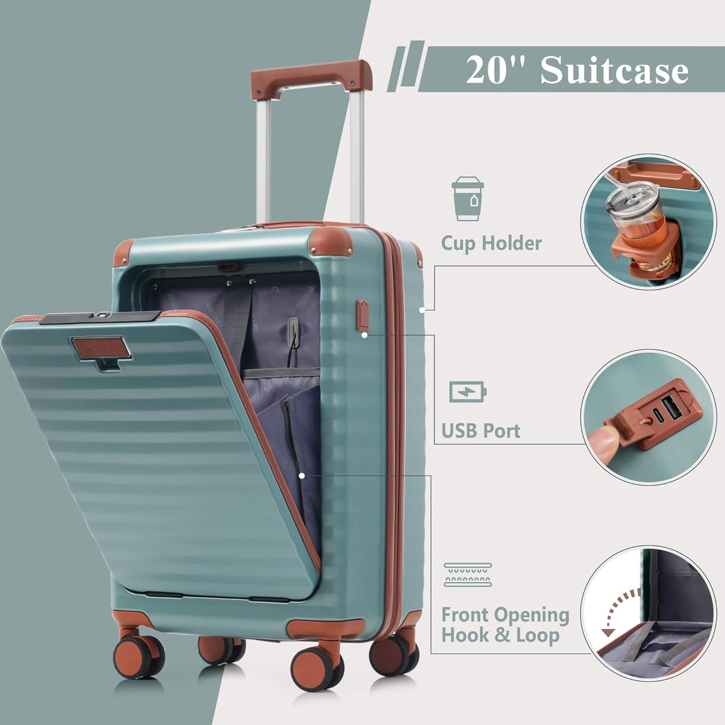 Merax Luggage Sets 3 Piece Front Opening, Hardside Lightweight Carry on Suitcase with Cup Holder USB Port,Durable Expandable Luggage with Bags Spinner Wheels and TSA Lock,Blue Green