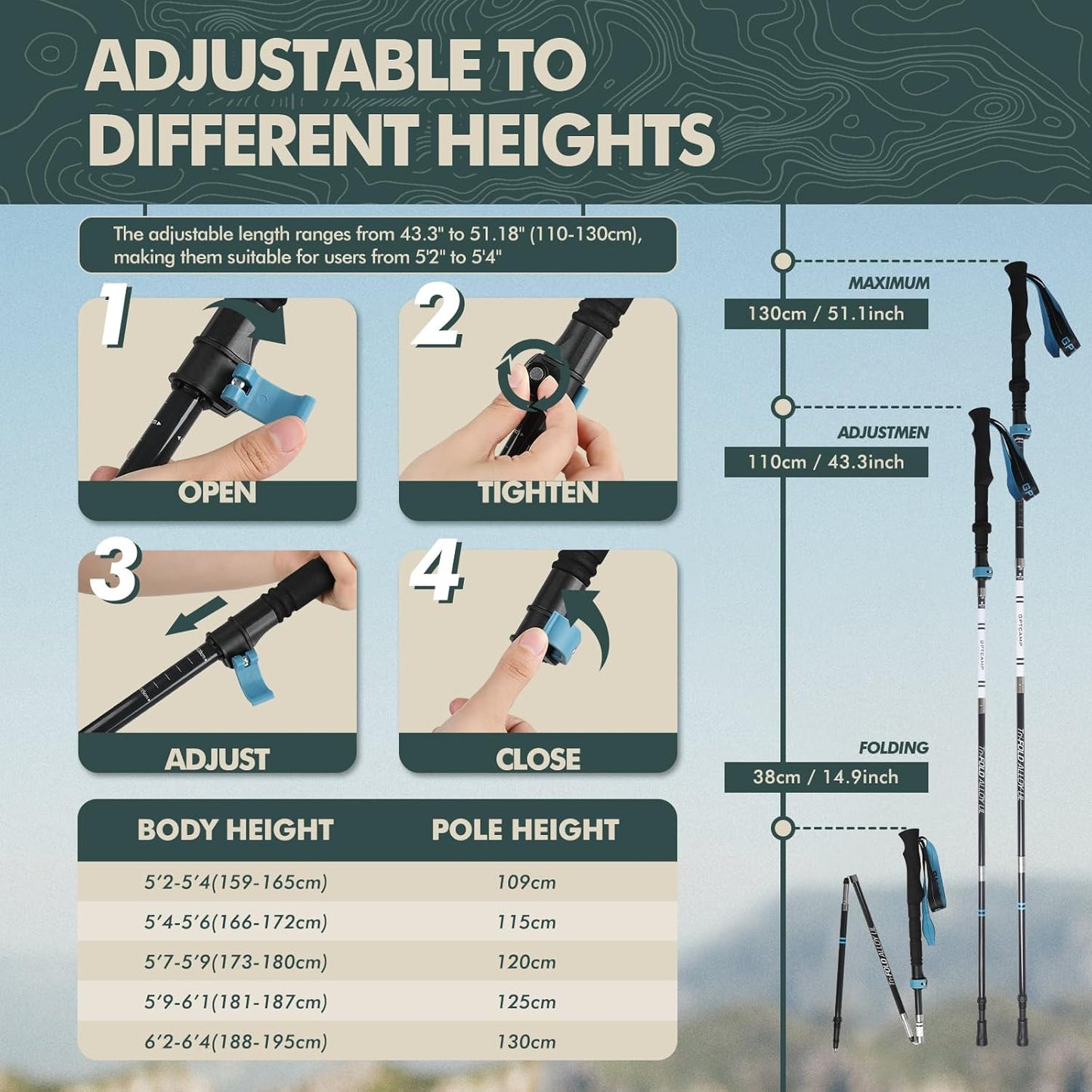 GPTCAMP Walking Sticks Collapsible Hiking Poles,Lightweight Trekking Poles Made of Carbon -Aluminum,2pc Folding Halking Stick for Men & Women,with Extra-Long Foam Handle and Flip Lock,Blue