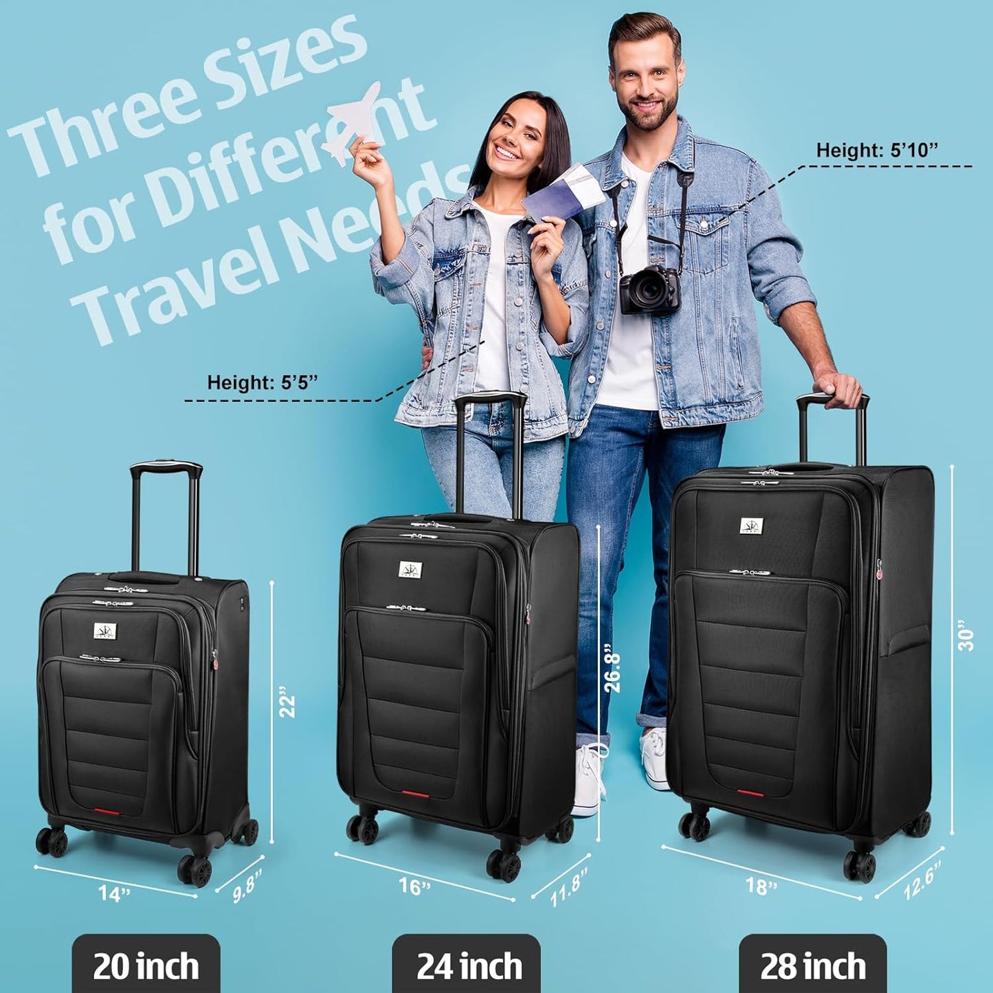 Verdi Luggage Set 3-Piece Suitcase with Spinner Wheel Softside Expandable, Carry On Luggage with USB Port (Black, 3-Piece set(20/24/28))