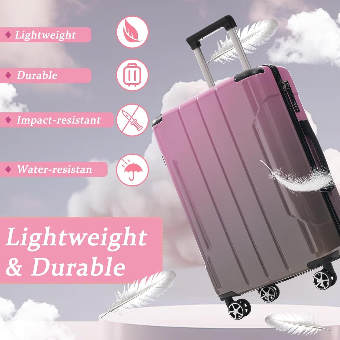 Merax Luggage Set 3 Piece Glossy PC Suitcases with Spinner Wheels, Built-In TSA Lock, 20" Carry-On Airline Approved 24" Checked Luggage, Foldable Duffel Bag for Travel (Gradient Color)