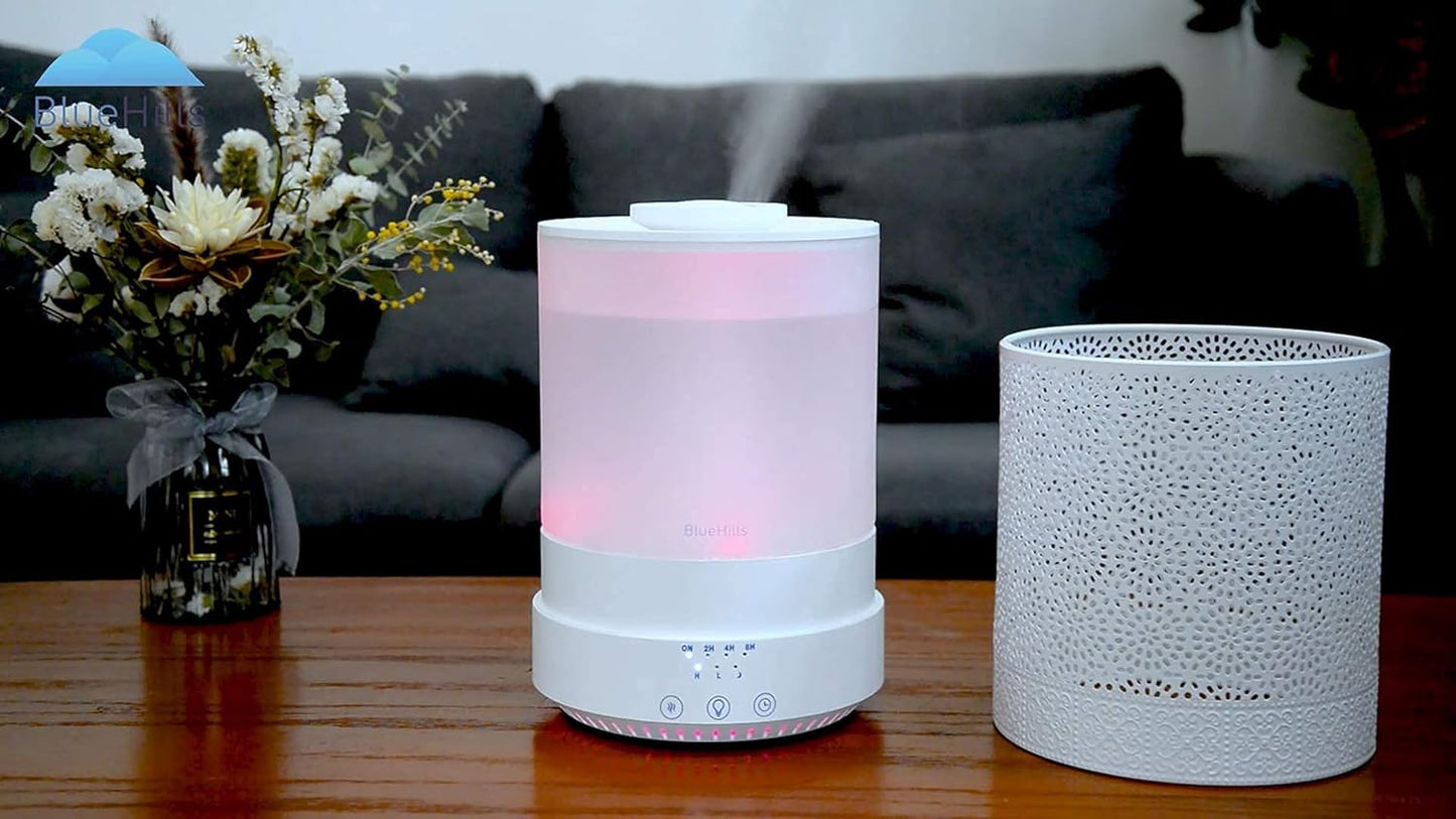 BlueHills 2500 ML XL Essential Oil Diffuser Aroma Humidifier with Timer for Large Home Decor Baby Rooms Big Huge 2.5 L Capacity Long Run Color Changing Lights Decorative Design High Mist White- F002