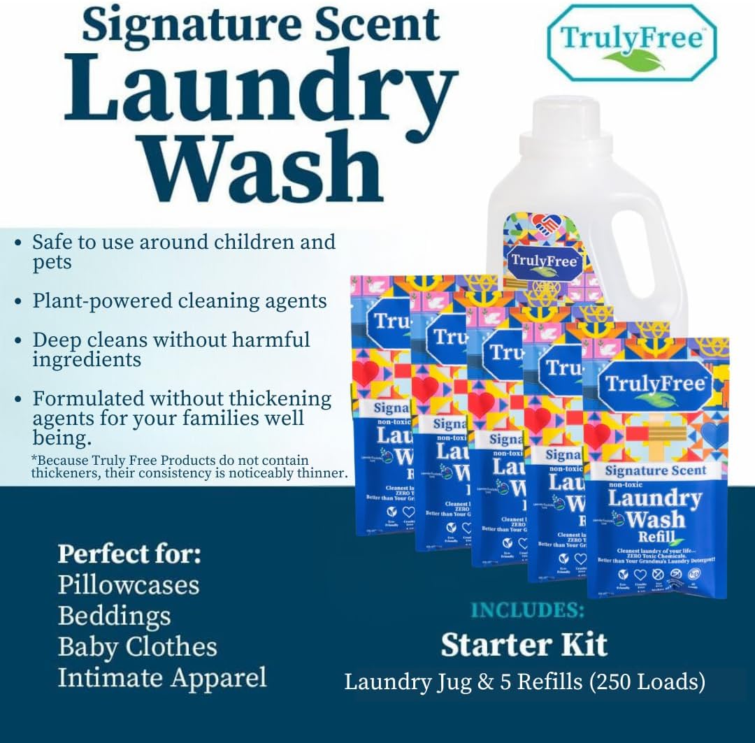Truly Free Natural Laundry Detergent for Sensitive Skin | Eco Friendly, Plant Based, Baby Clothes Safe | Clean & Easy Powder to Liquid, 5 Pack Detergent + 1 Refillable Jug | Signature Scent 250 Loads