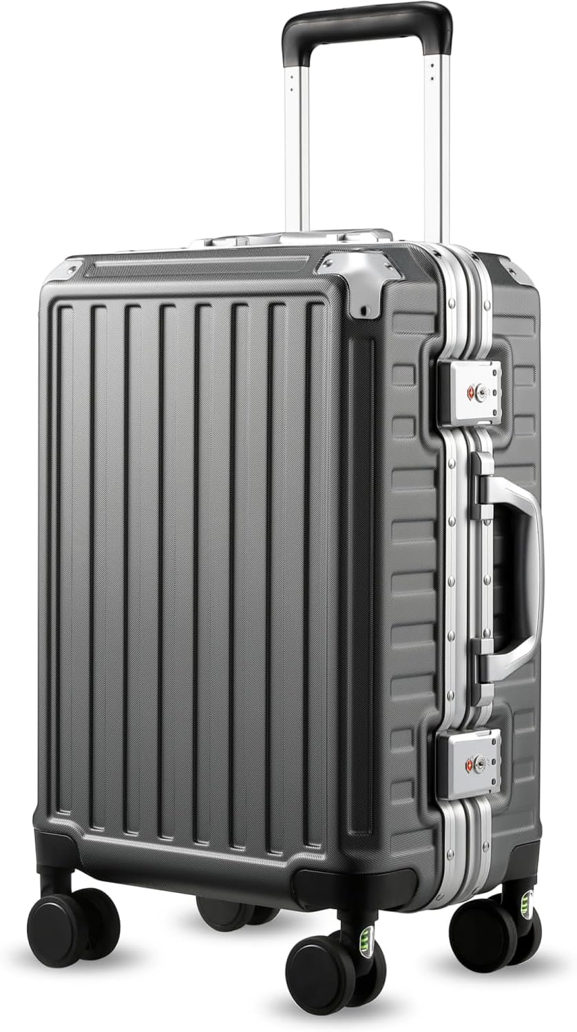 Carry On Luggage with Spinner Wheels, 8010S Aluminum Frame Zipperless Polycarbonate Hard Shell Suitcase (ZX-Core, Charcoal Metallic, 20 Inch)