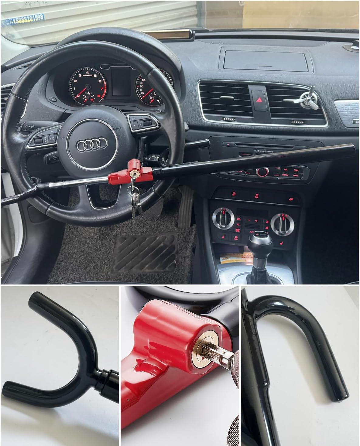 Steering Wheel Lock Anti-Theft car Device Car Wheel Locks Heavy Duty Vehicle Security Steering Wheel Lock for Truck Car Vehicles Van Lorry SUV with 4 Keys, Elongated Length BlackRed