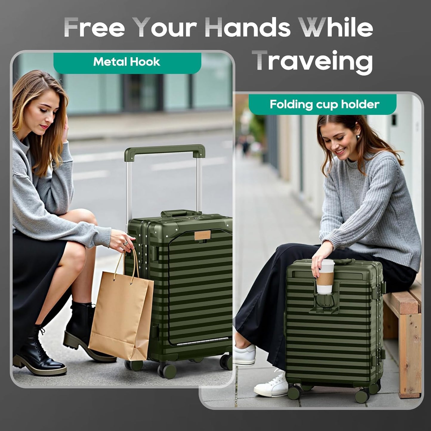 Joyway 20 Inch Carry on Luggage with Aluminium Frame and Front Pocket, PC Hardshell Suitcase with USB Port and Cup Holder, 21.5x14.2x9 Airline Approved Luggage with Spinner Wheel, TSA Lock(Dark Green)