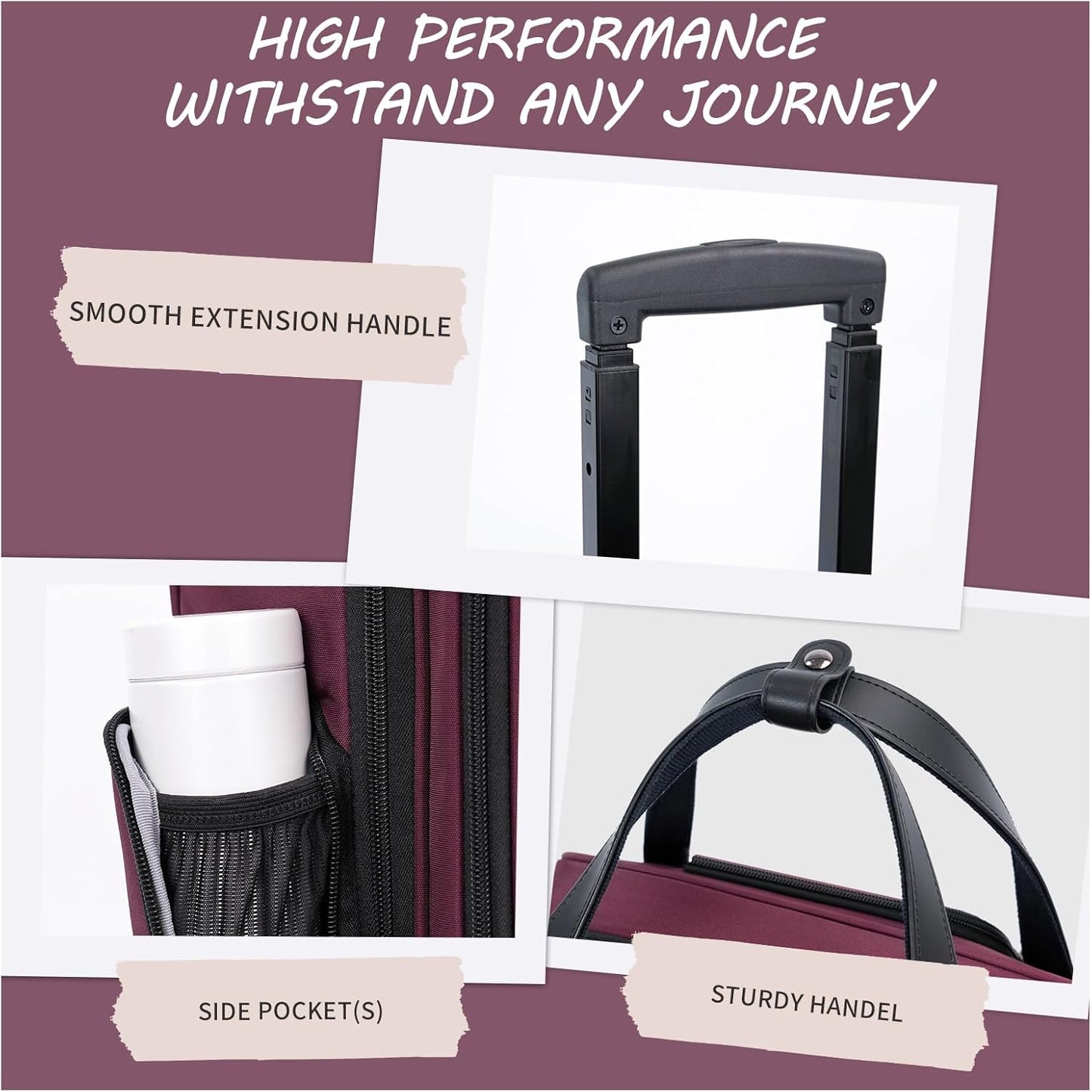 VANKEAN Carry On Underseat 16-inch Multi-functional Underseater Lightweight Overnight Suitcase with Wheels, Roller Case for Men Women Travel Business, Burgundy