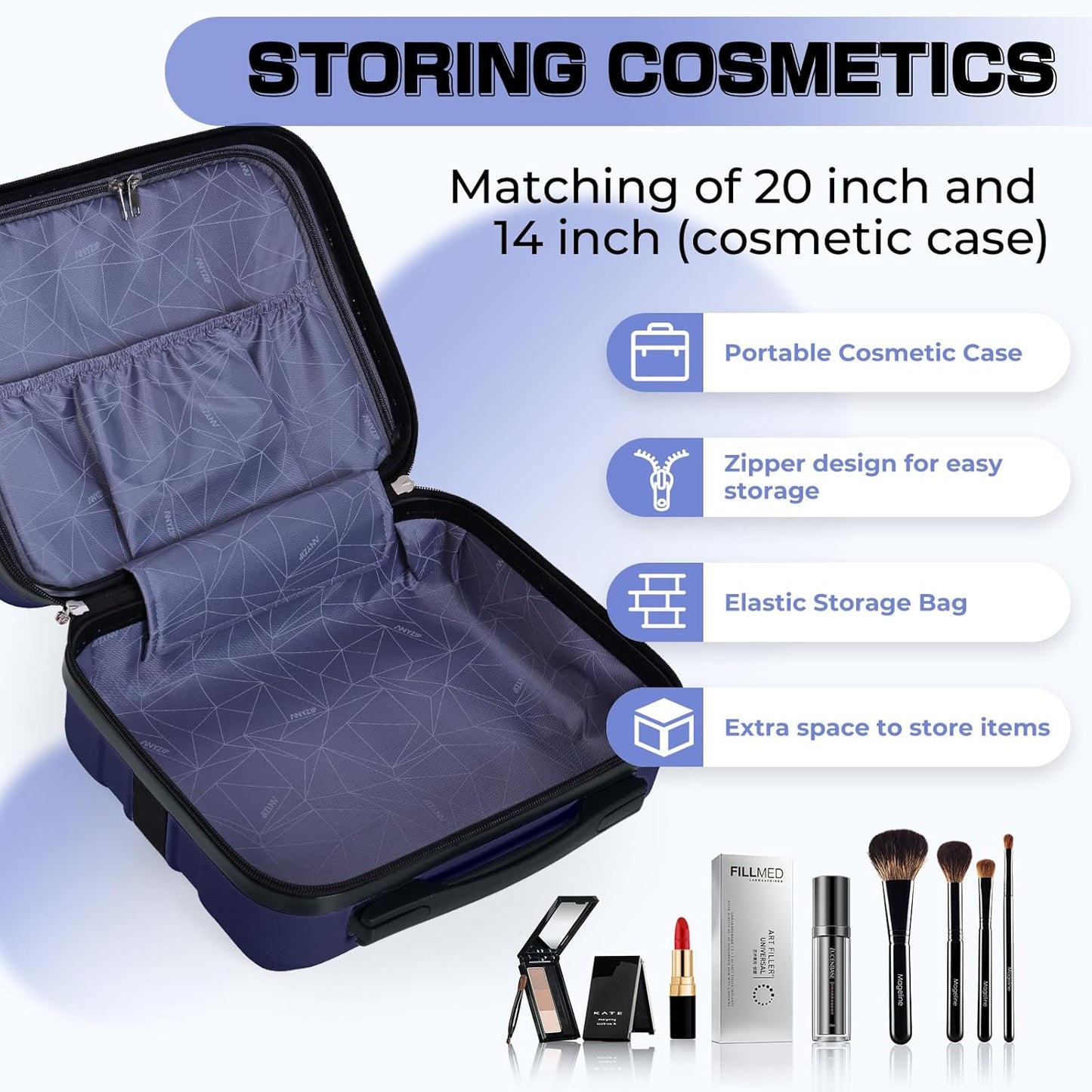 AnyZip Carry On Luggage 2PCS Luggage Set PC ABS Hardshell Lightweight Suitcase TSA Lock with 4 Spinner Wheels（14/20, Dark Blue）