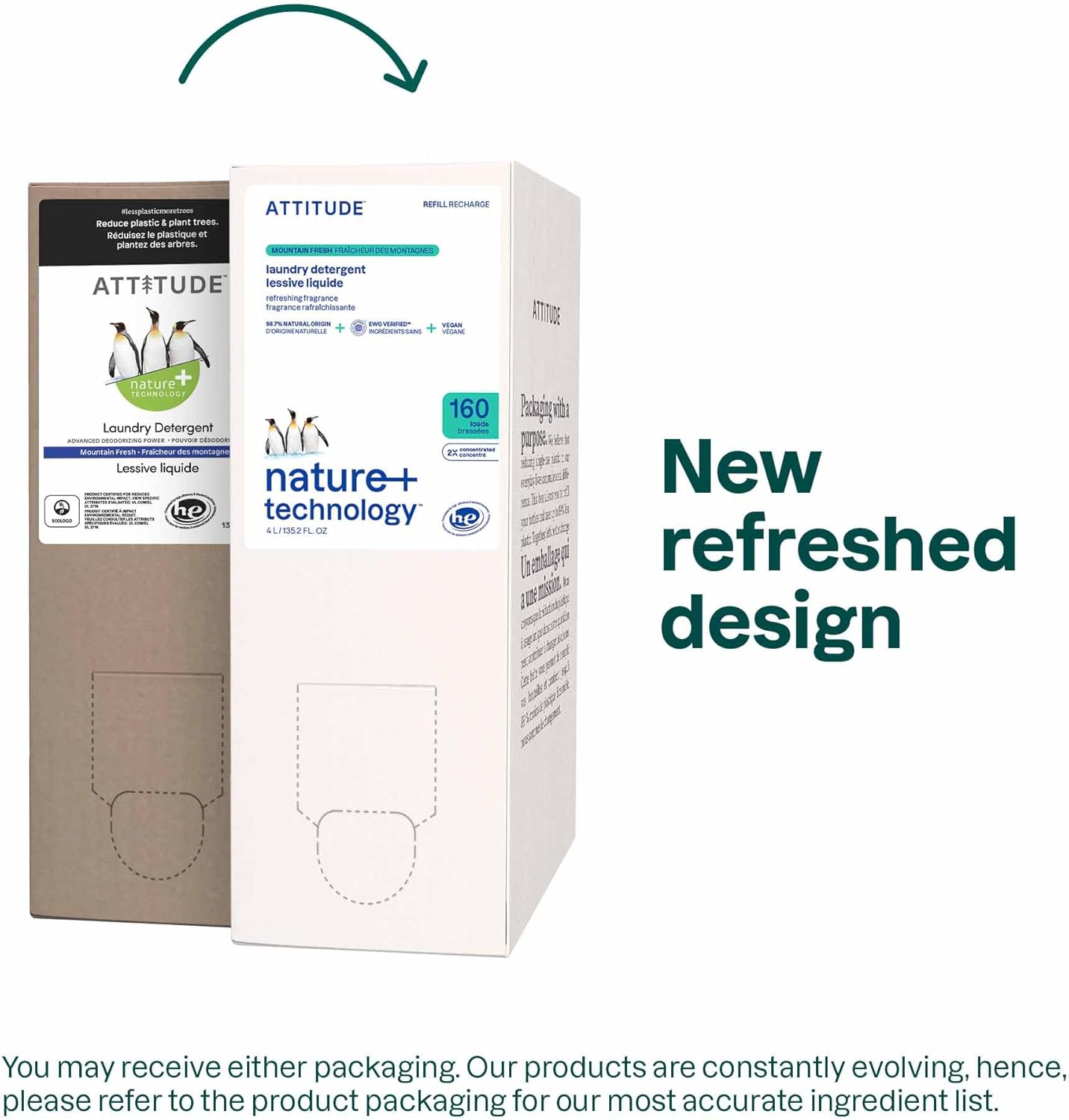 ATTITUDE Liquid Laundry Detergent Refill, EWG Verified, HE Compatible, Plant-Based & Vegan, Natural Laundry Soap, Mountain Fresh Scent, 160 Loads, 135.26 Fl Oz (Pack of 2)