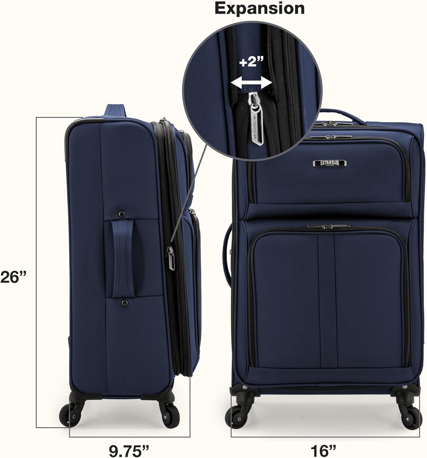 U.S. Traveler Anzio Softside Sturdy Ballistic Nylon Expandable Travel Suitcase Luggage with 4 Spinner Wheels, Navy, Checked-Medium 26-Inch
