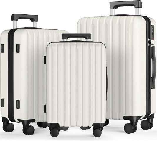 SHOWKOO Luggage Sets 3 Piece 100% PC Ultra Tough Hardside Expandable Suitcases Sets with TSA Lock Double Spinner Wheels (20in/24in/28in, White