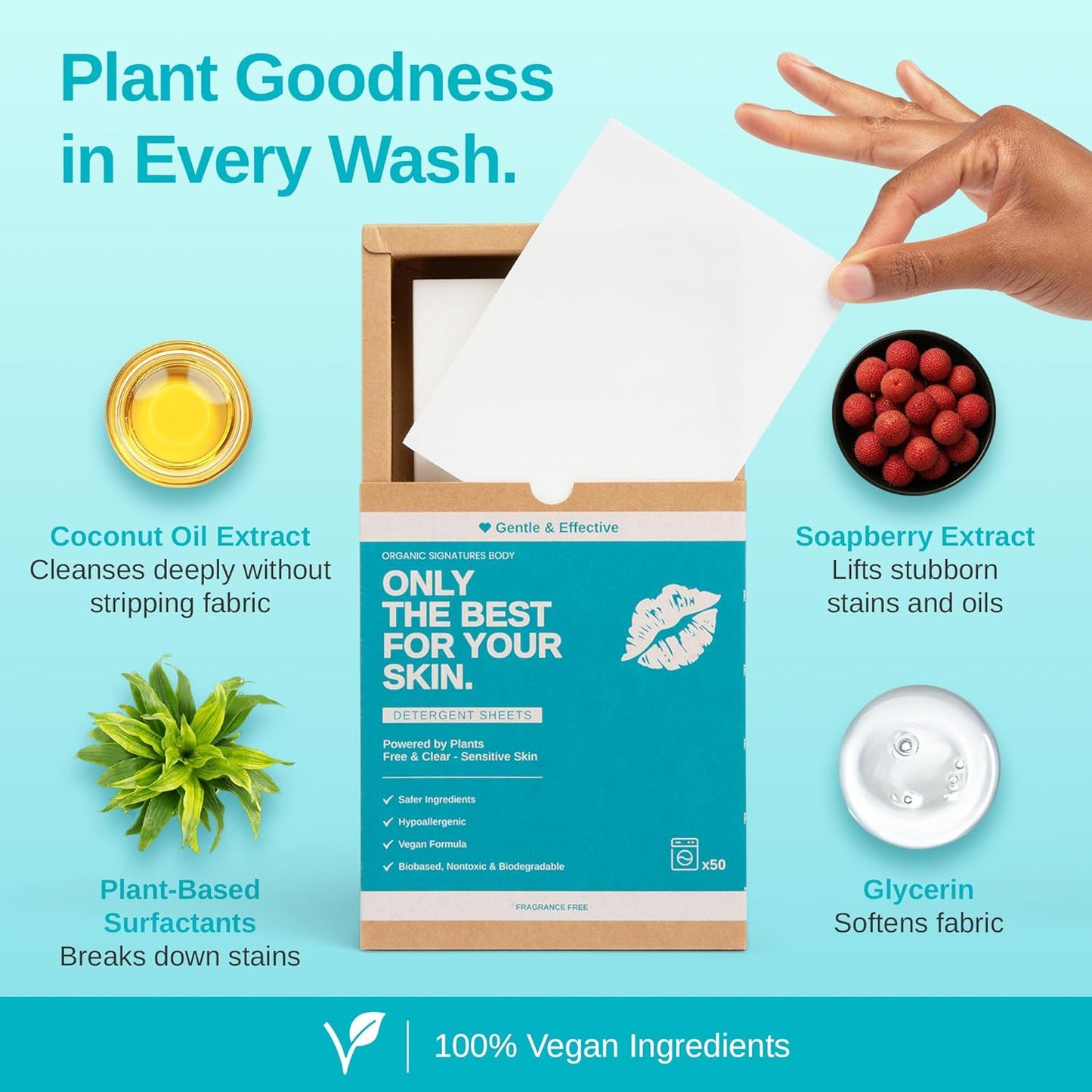 Laundry Detergent Sheets - Hypoallergenic, Plant-Based with Coconut Oil & Soapberry Extract - Unscented, Safe for Colors & Whites, 50-Pack