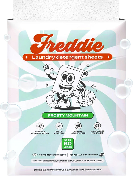 Freddie Laundry Detergent Sheets - Recyclable Packaging - No Mess Strips - 60 Loads - Crisp Frosty Mountain Scent