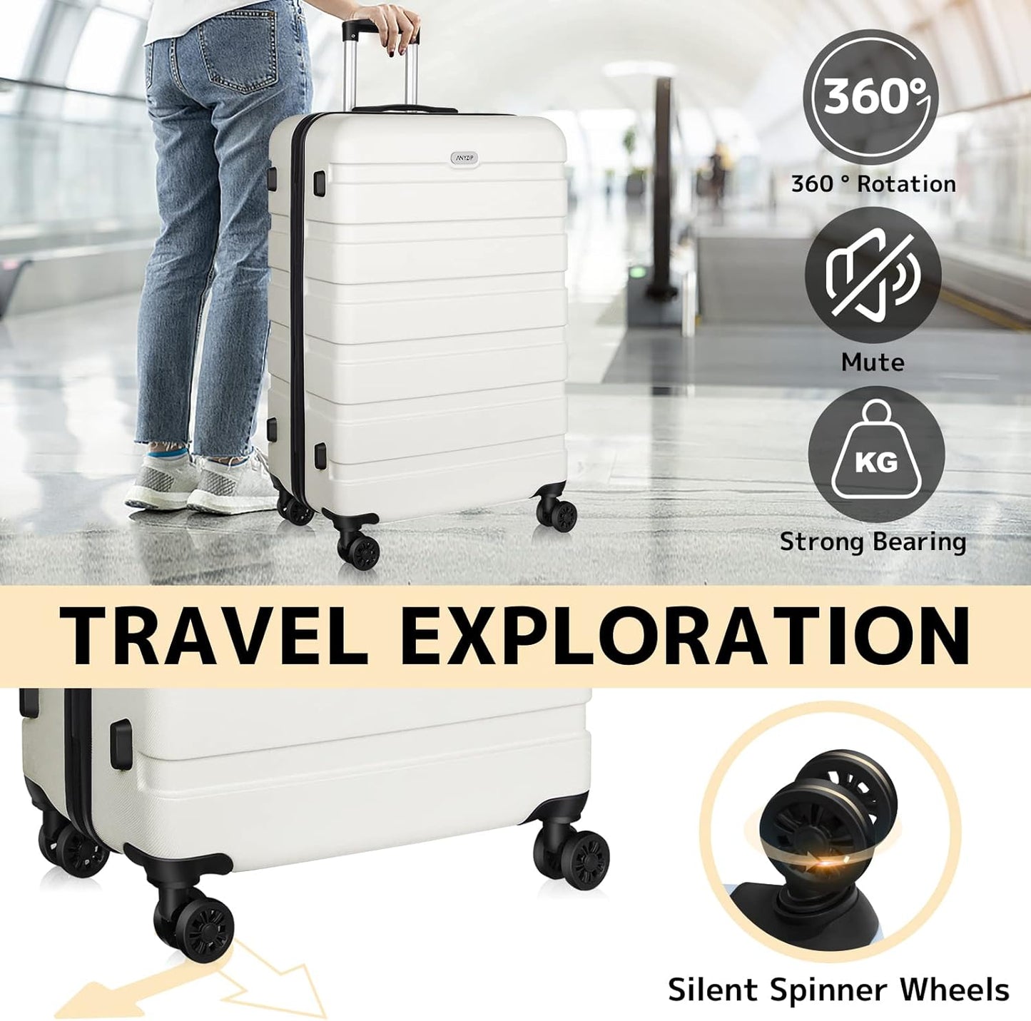 AnyZip Luggage PC ABS Hardside Lightweight Suitcase with 4 Universal Wheels TSA Lock Checked-Large 28 Inch White
