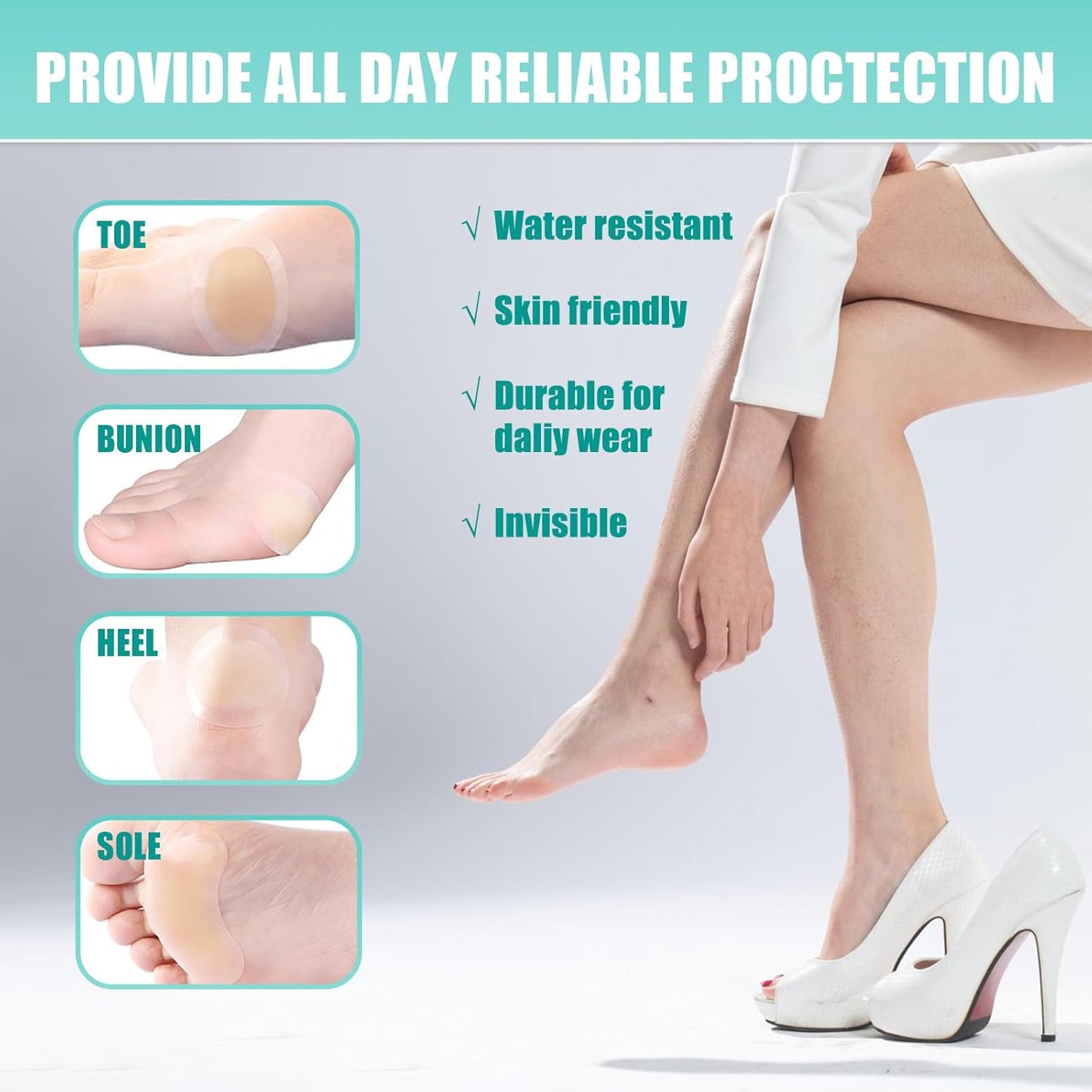 Blister Bandages for Feet 64pcs Gel Blister Pads, Water Resistant Hydrocolloid Bandages for Foot, Toe, Heel, Adhesive Blister Cushions for Prevention & Recovery