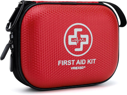 Mini First Aid Kit - 150 Piece Small Waterproof Hard Shell Medical Kit for Home, Car, Travel, Camping, Truck, Hiking, Sports, Office, Vehicle & Outdoor Emergencies- Small First Aid Medical Kit (Red)
