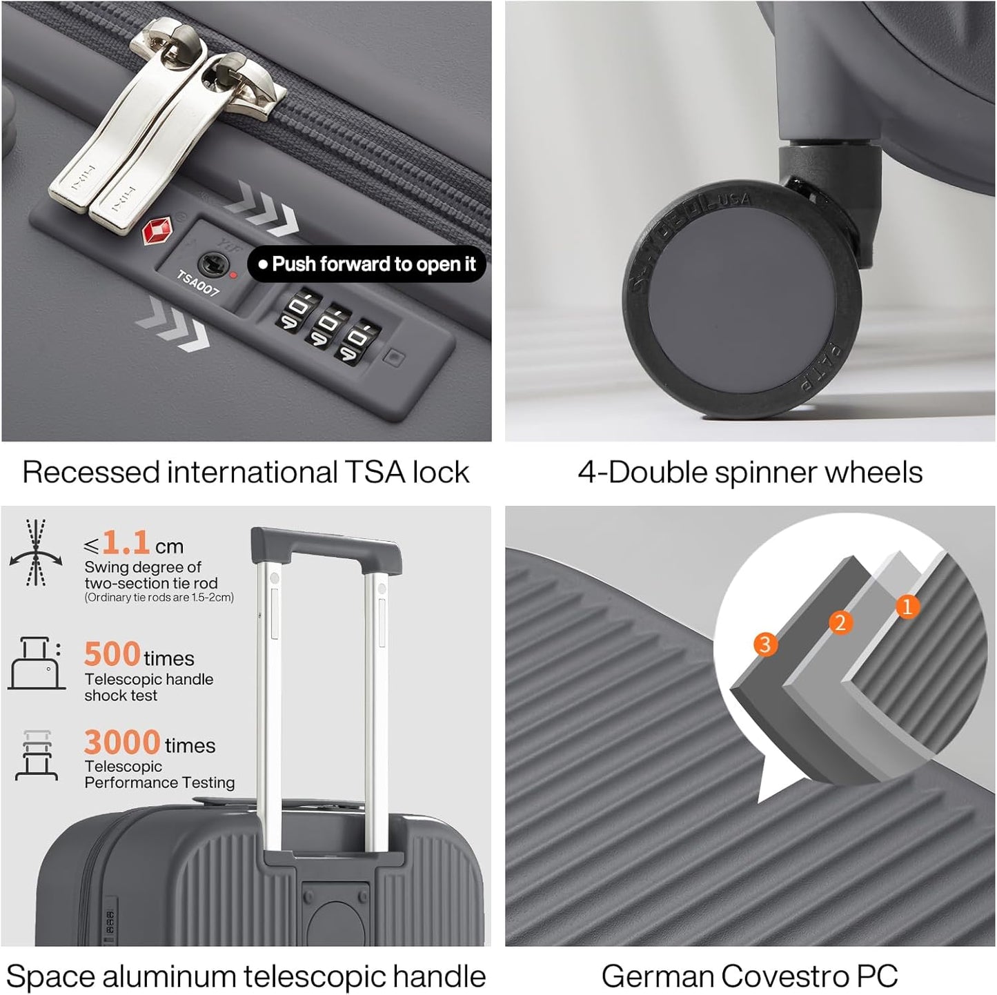 mixi Checked Luggage with Cup Phone Holder Hard Shell Rolling Travel Suitcase with Spinner Wheels,24 Inch Rock Grey