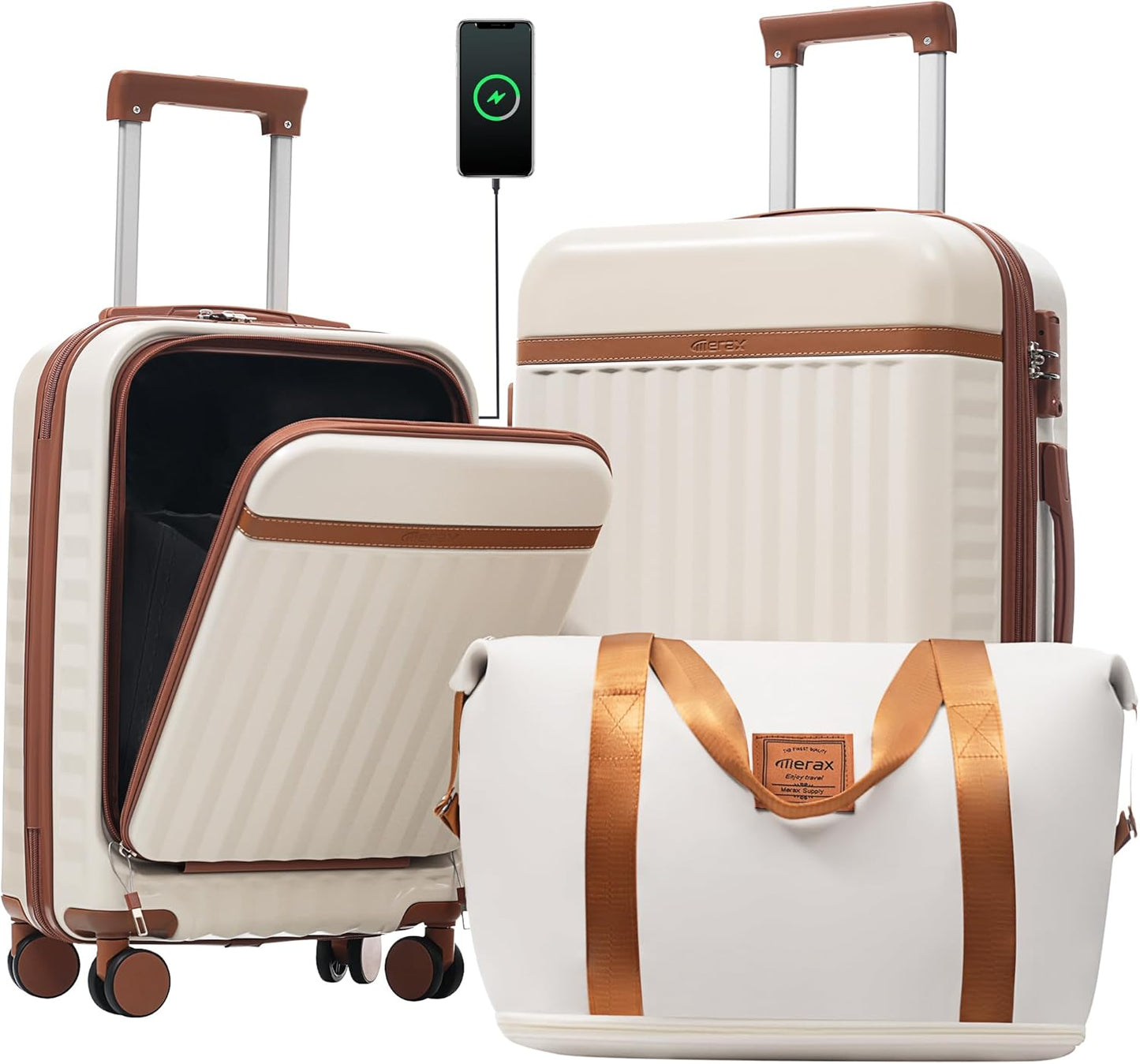 Merax Luggage Sets Front Opening, 2 Piece Hardshell Suitcase with Spinner Wheels and Bags,Lightweight Carry on Luggage with USB Port,20+24,White and Brown