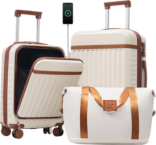 Merax Luggage Sets Front Opening, 2 Piece Hardshell Suitcase with Spinner Wheels and Bags,Lightweight Carry on Luggage with USB Port,20+24,White and Brown