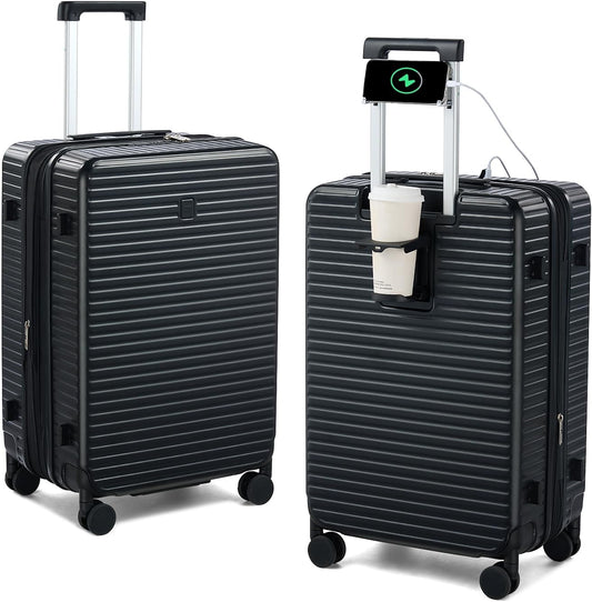 Hard Shell Suitcases Travel Expandable Luggage, 24 Inch Check in Luggage with Spinner Wheels Cup Holder Charger Built in, Checked Medium Suitcase Lightweight Suitcases, Black