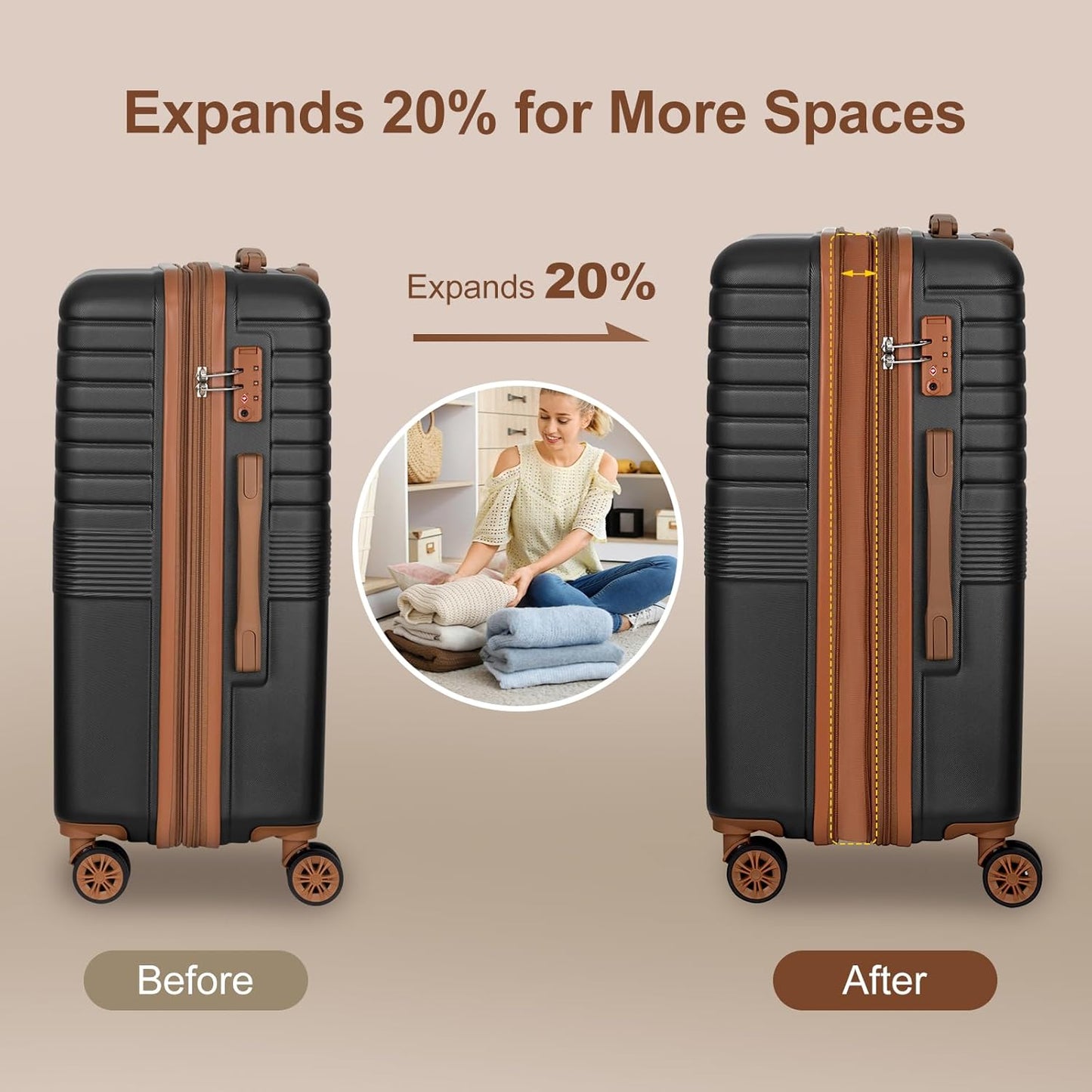 Romswi Expandable 22" Carry On Luggage,Hardshell Suitcase with Double Spinner Wheels for 20% More Space, Airline Approved Lightweight Hardside Luggage, Scratch-Resistant & YKK Zipper,Black