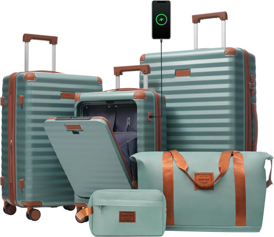 Merax Luggage Sets 3 Piece Front Opening, Hardside Lightweight Carry on Suitcase with Cup Holder USB Port,Durable Expandable Luggage with Bags Spinner Wheels and TSA Lock,Blue Green