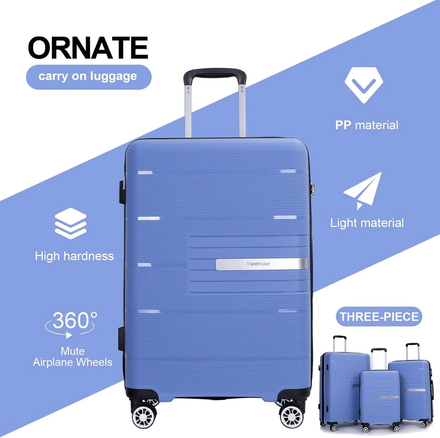 Luggage 3 Piece Sets Suitcase Set with Double Spinner Wheels, Lightweight Carry On Hardside Travel Luggage with TSA Lock, (20/24/28) (Purplish Blue)