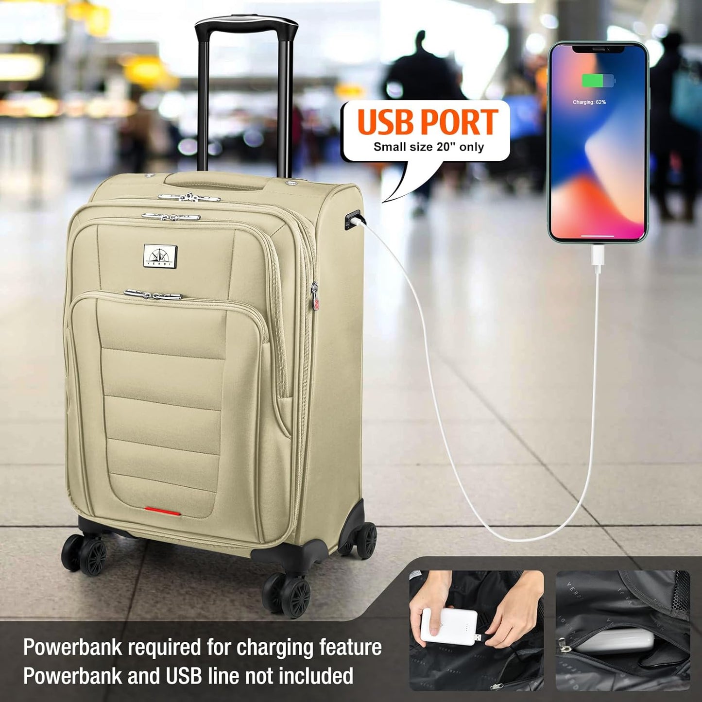 Verdi Luggage Sets of 2 Suitcase with Spinner Wheels Softside Expandable, Carry On Luggage with USB Port (Khaki, 2-Piece set(20/28))