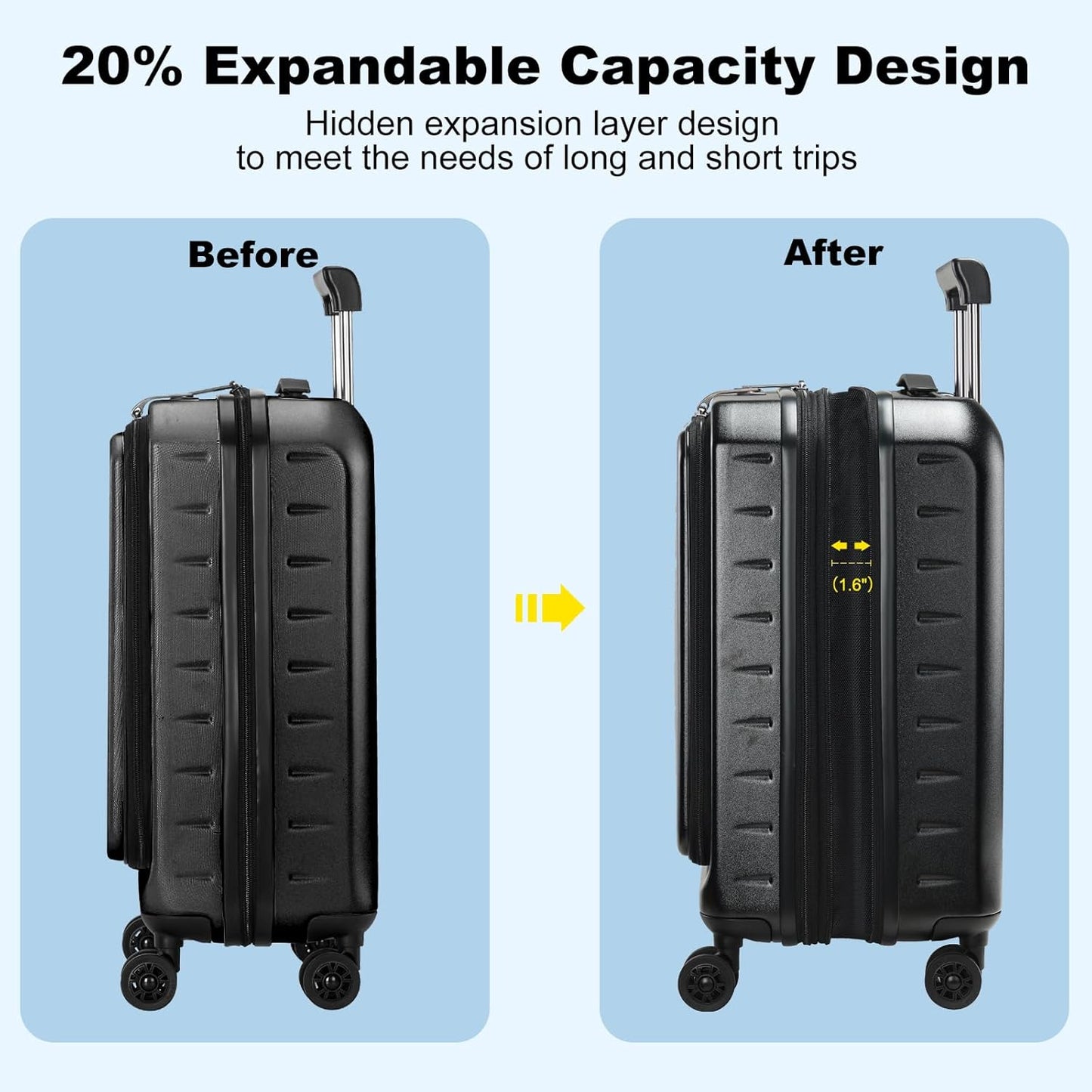 Expandable Carry On Luggage Airline Approved, 20 Inch Lightweight ABS+PC Hard Shell Suitcases with Front Pocket, Spinner Wheels, TSA Lock (Black, 1PC)