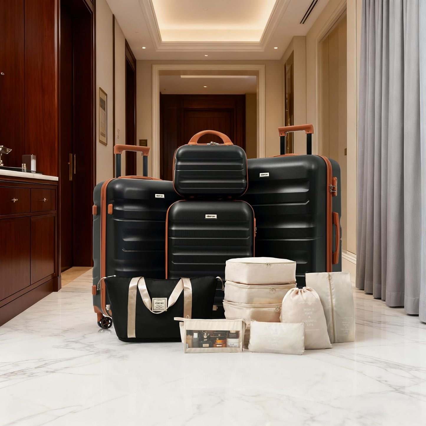 Merax Luggage Set 13 Piece, Hardshell ABS Suitcases with 8 Silent Spinner Wheels, Durable and Lightweight Travel Luggage for Family Trips, Black Brown